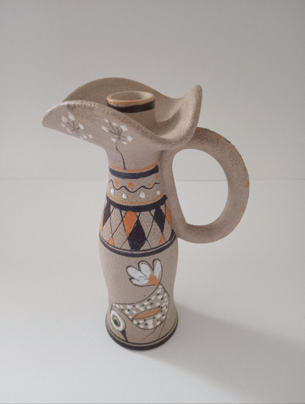 Vintage Mid Century Modern Pottery Candle Holder Hand Painted Bird Ceramic 6956